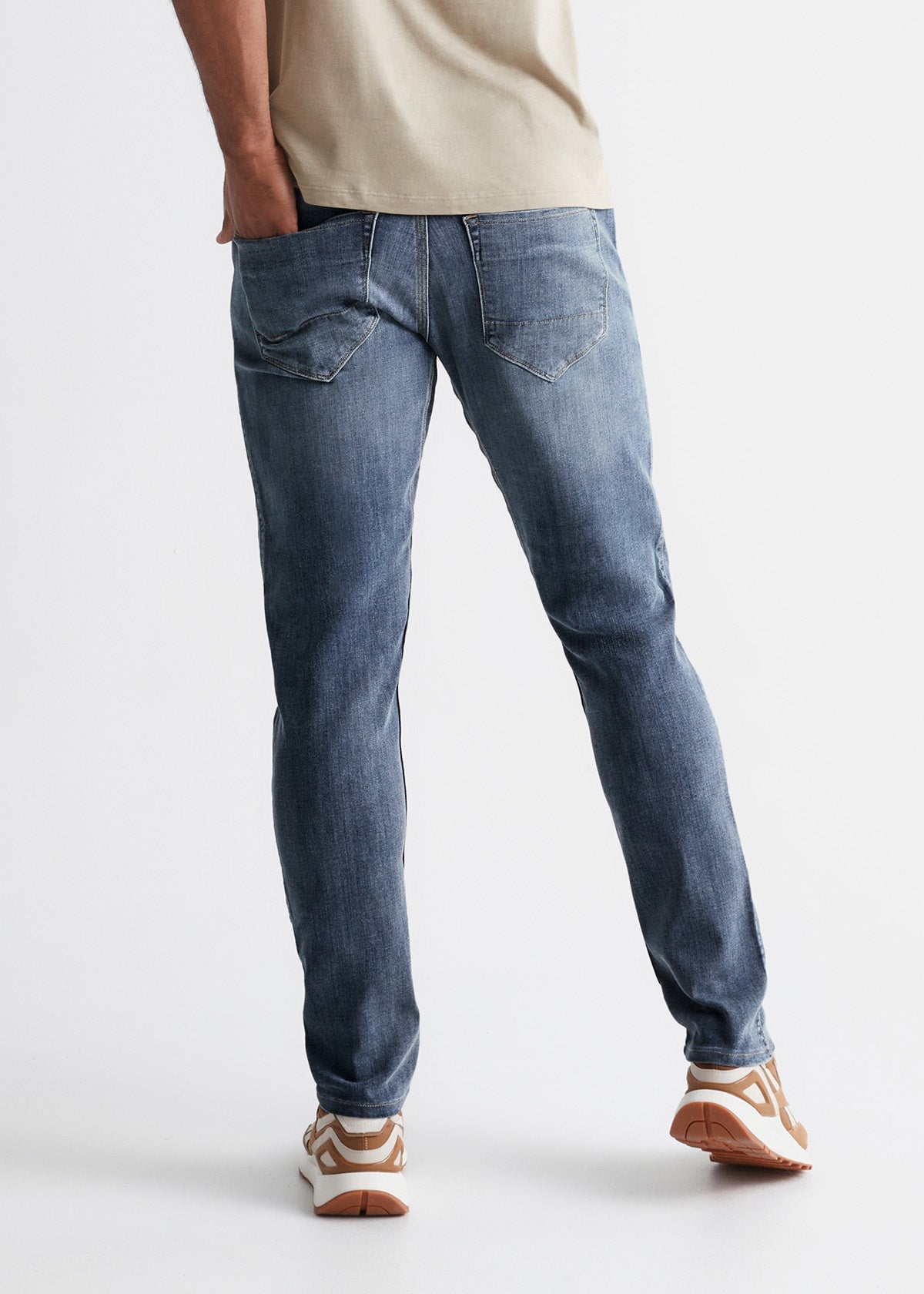 mens relaxed fit light blue stretch jeans back