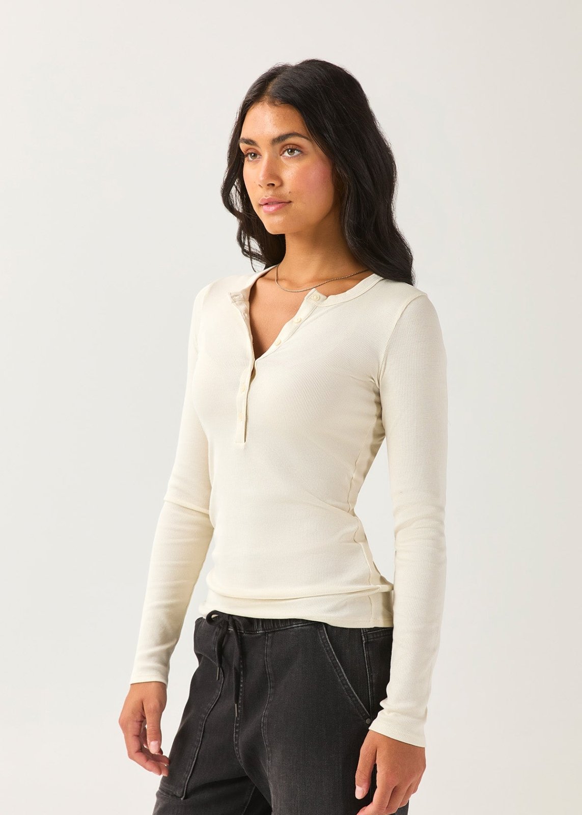 Ribbed Pima Long Sleeve Henley - Ecru | DUER